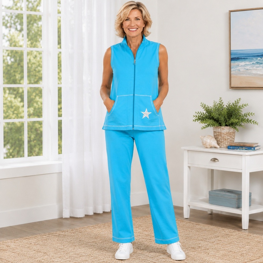 Quacker Factory Aqua Blue 2 Piece Lounge Set Vest Pants Medium NWT Stretch